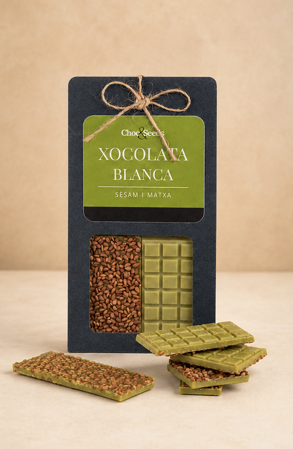 Xocolatines blanques amb sèsam i matxa 70g